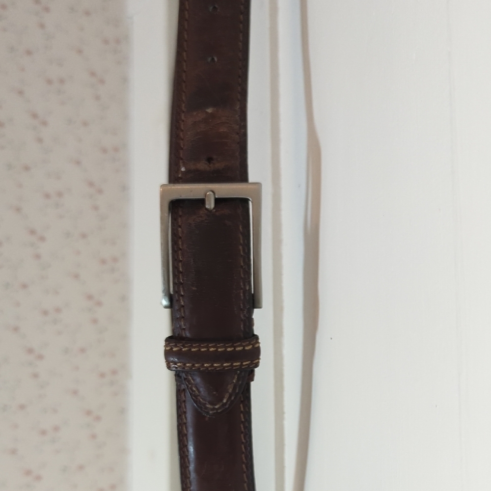 🤎 Men's Brown Genuine Leather Belt 40" Double Stitched Silver Tone Buckle